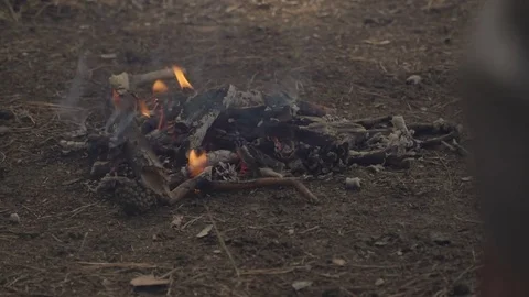 Unrecognizable young couple joining hands near campfire at night in the forest Stock Footage 80785117