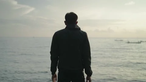 Unrecognized Man Doing Morning Scretch Yoga on The Beach Sunrise Slow Motion Stock Footage 221648505
