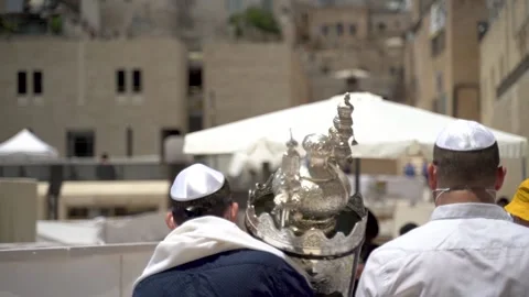 Unrecognized men at a Bar Mitzvah event. Young Jewish boy is having his ceremony Stock Footage 158012934