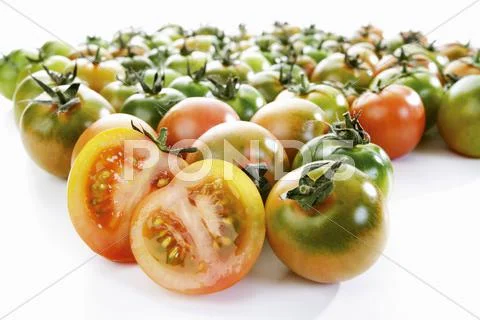 Unripe tomatoes, one halved Stock Photos