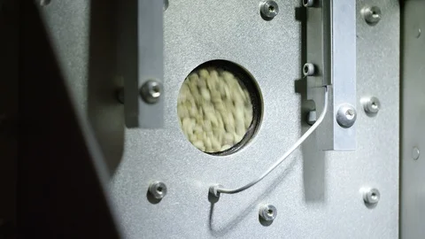 Unroasted coffee beans seen through a window in the roasting machine Video stock 101354481