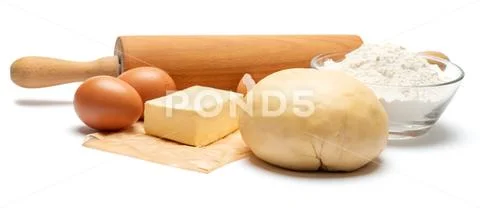 Unrolled and unbaked Shortcrust pastry dough recipe on white background Stock Photos
