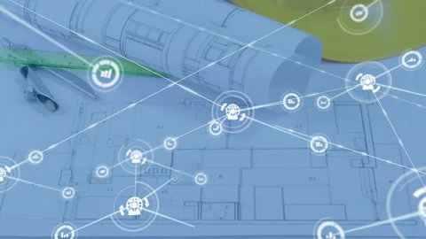 Unrolling blueprint set on drafting desk with ruler, compass, helmet and Stock Footage 309284445