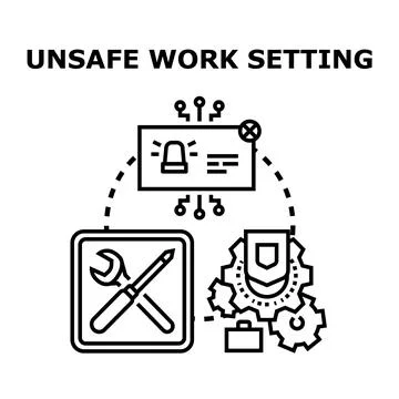 Unsafe work setting concept with alert and protection icons Stock Illustration