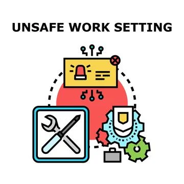 Unsafe work setting concept with alert and protection icons Stock Illustration