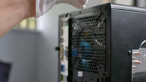 Unscrewing disassembling screw bolt pin PC personal computer case hand closeup 库存影片 91214928