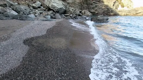 Unspoiled Virgin Mediterranean Black Beach Aerial Shoot Stock Footage