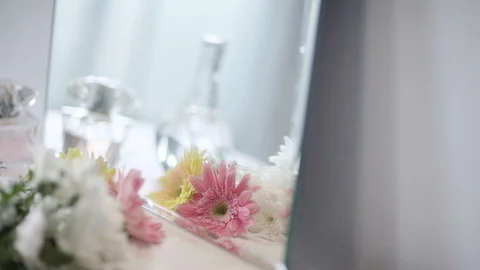 Unstable Reflection in Mirror A Bouquet of White, Pink and Yellow Daisy Flower Stock Footage 128941436