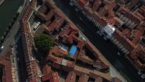Unsuspected and incredible View of Roofs in Navigli, Milan 4k Drone Footage Stock Footage 218397948