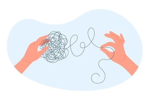 Untangle knot of problems and mental disorder, two hands hold tangled scribble Stock Illustration