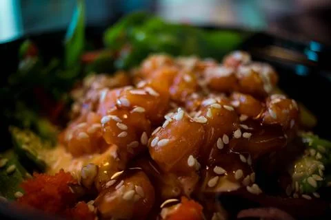 Until from red fish. while salmon with seaweed. salmon dish with sesame rice  Stock Photos