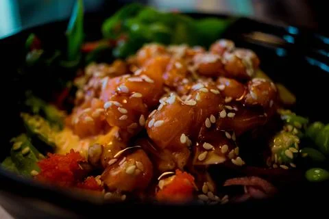 Until from red fish. while salmon with seaweed. salmon dish with sesame rice  Stock Photos