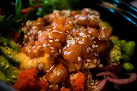 Until from red fish. while salmon with seaweed. salmon dish with sesame rice  Stock Photos