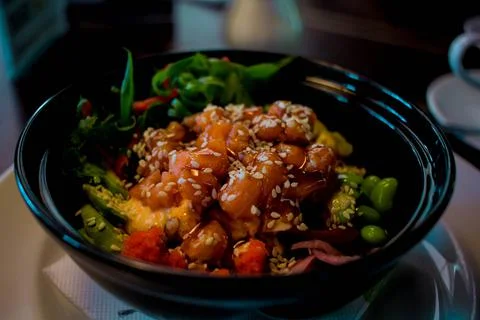 Until from red fish. while salmon with seaweed. salmon dish with sesame rice  Stock Photos