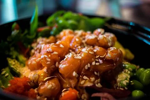 Until from red fish. while salmon with seaweed. salmon dish with sesame rice  Stock Photos