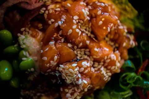 Until from red fish. while salmon with seaweed. salmon dish with sesame rice  Stock Photos