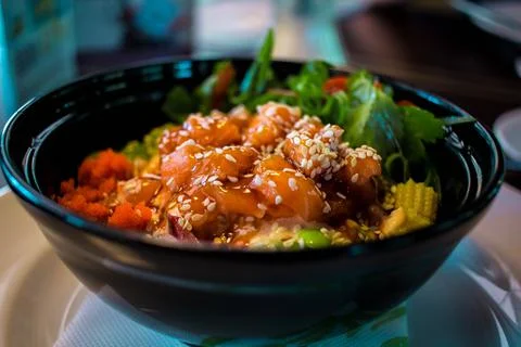 Until from red fish. while salmon with seaweed. salmon dish with sesame rice  Stock Photos