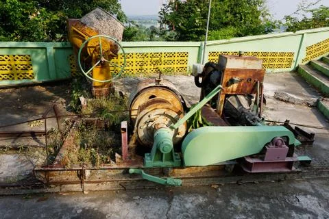 Unused old pully machine after finished build the buddhist temple Stock Photos