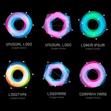 Unusual abstract geometric shapes vector logo set. Circular, polygonal colorful Stock Illustration