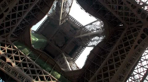 An unusual angle of the Eiffel Tower, Paris, from directly below. Stock Footage 8861396