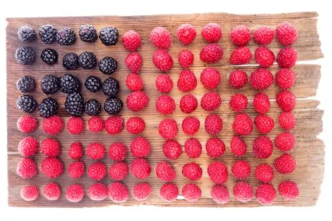 Unusual background USA flag pattern of fresh wet berries Stock Photos