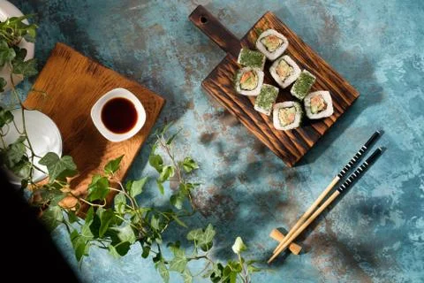 Unusual composition of rolls. A portion of rolls with an unusual filling. Top Stock Photos