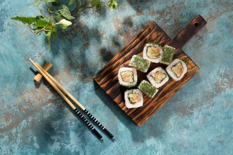 Unusual composition of rolls. A portion of rolls with an unusual filling. Stock Photos