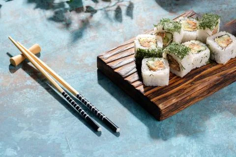 Unusual composition of rolls. A portion of rolls with an unusual filling. Stock Photos