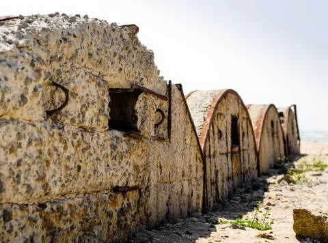 Unusual concrete structures on the beach Stock Photos