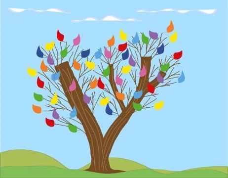 Unusual painted tree with three trunks and colorful leaves on a light backgro Stockillustratie