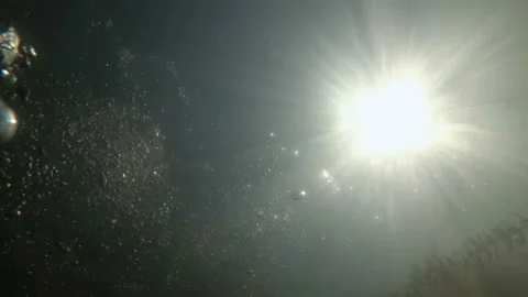 An unusual view from the bottom of the river through the water column to the sun Видео 166207132