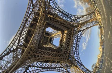 Unusual wide angle view inside the center of the Eiffel tower in 库存照片