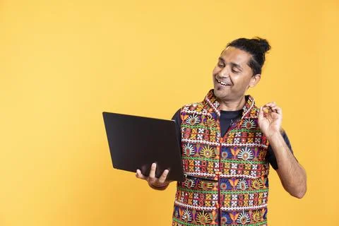 Upbeat software developer remotely helping client with errors on laptop Stock Photos