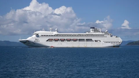 Upclose panning shot of Pacific Dawn Cruise ship Stock Footage 104889241