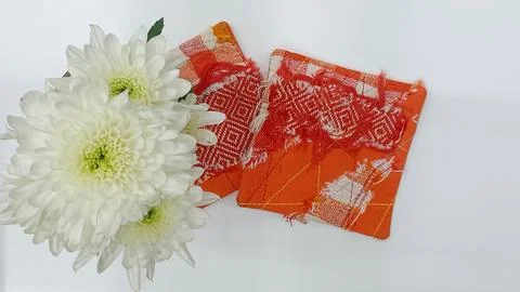 Upcycled textile coasters colorful patchwork Stockfoto's