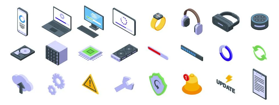 Update app software icons isometric set vector. A collection of technology icons Stock Illustration