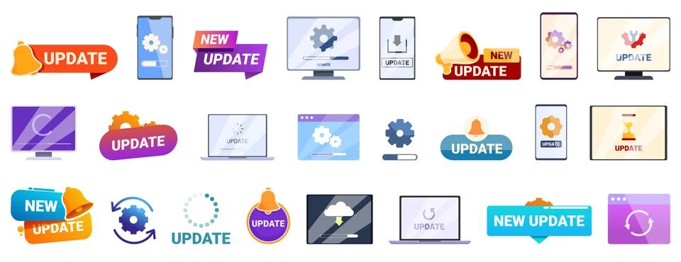 Update app software icons set cartoon vector. Platform system Illustrazione stock