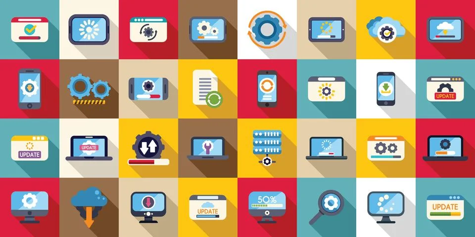 Update app software icons set. System software update downloading and install Stock Illustration