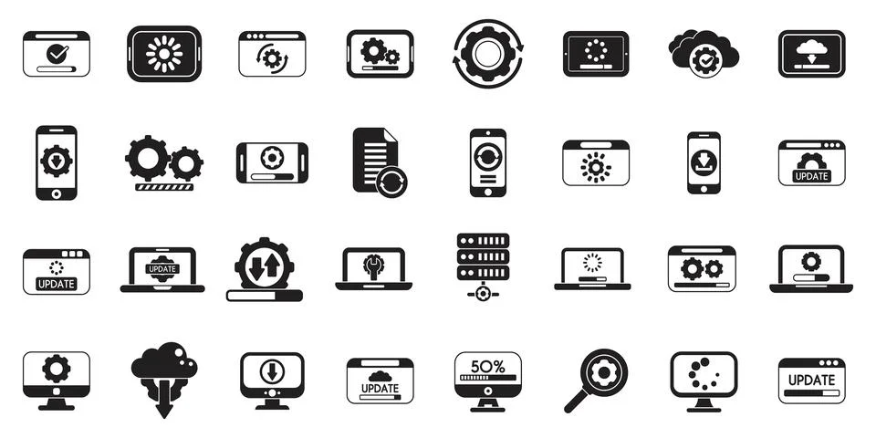 Update app software icons set. Set of vector icons representing software upda Illustrazione stock