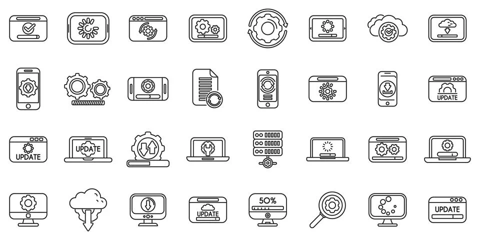 Update app software icons set. System upgrade and progress update icons showi Stockillustratie