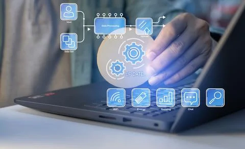 Update application software and hardware upgrade technology concept, AI upg.. Foto stock