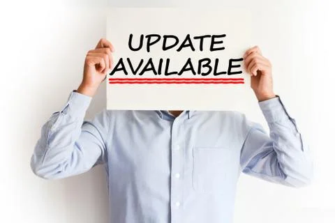Update available concept with young man holding a billboard Stock-Fotos