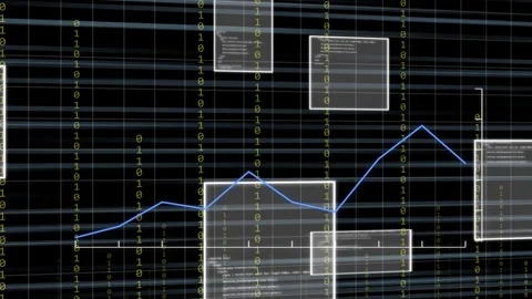 On update, binary bars rising, code panes sliding, line drawing, camera moving, Stock Footage 335732108