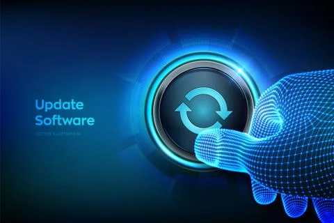 Update button. Closeup finger about to press a button. Upgrade Software versi Stock Illustration
