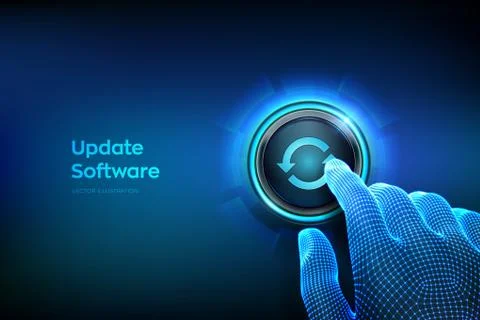 Update button. Closeup finger about to press a button. Upgrade Software versi Stock Illustration