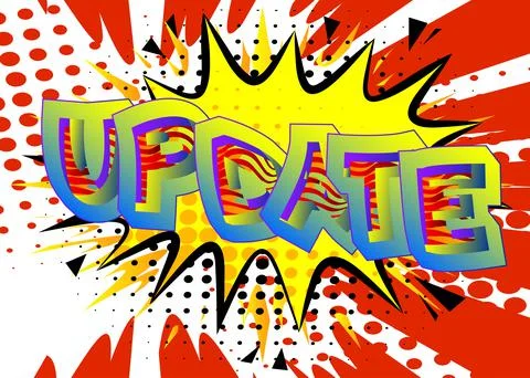 Update. Comic book word text on abstract comics background. Retro pop art sty Stockillustratie