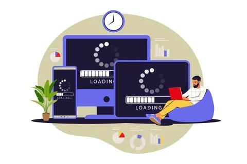 Update concept. Programmer upgrading operation system of computer. Vector ill Stock-Illustration