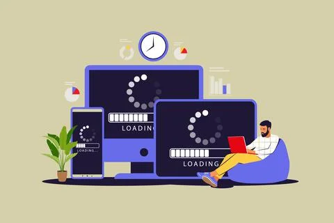 Update concept. Programmer upgrading operation system of computer. Vector ill Stock Illustration