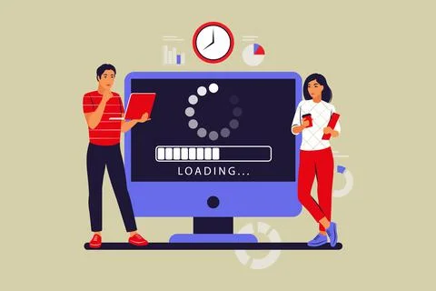 Update concept. Programmer upgrading operation system of computer. Vector ill Illustrazione stock