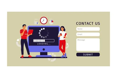 Update concept. Programmers upgrading operation system of computer. Contact u Stock Illustration